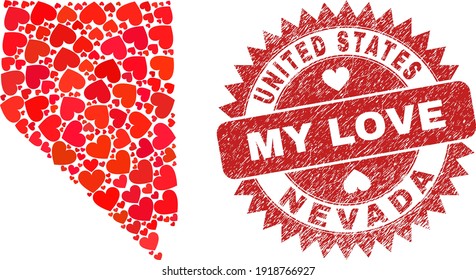 Vector mosaic Nevada State map of valentine heart items and grunge My Love badge. Mosaic geographic Nevada State map constructed with love hearts.