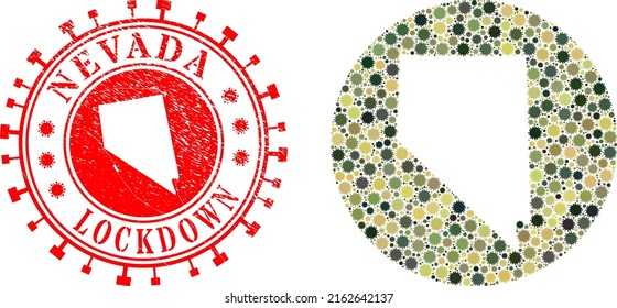 Vector mosaic Nevada State map of flu virus elements and grunge LOCKDOWN seal stamp. Mosaic geographic Nevada State map created as hole from round shape with flu virus icons in khaki military colors.