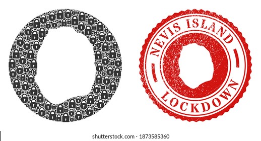 Vector mosaic Nevis Island map of locks and grunge LOCKDOWN seal. Mosaic geographic Nevis Island map created as hole from round shape with black locks.