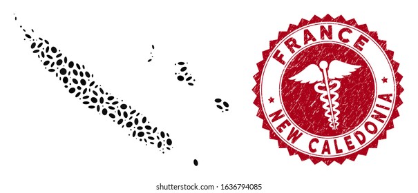 Vector mosaic New Caledonia Islands map and red round grunge stamp seal with medic symbol. New Caledonia Islands map collage composed with ellipse spots. Red round caduceus seal, with unclean texture.