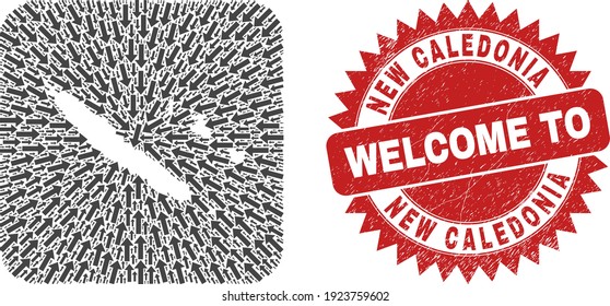Vector mosaic New Caledonia Islands map of navigation arrows and scratched Welcome seal stamp.