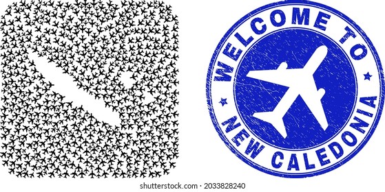 Vector mosaic New Caledonia Islands map of air shipping items and grunge Welcome seal. Mosaic geographic New Caledonia Islands map constructed as hole from rounded square shape with sky jets.