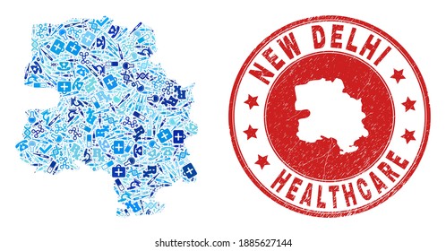 Vector mosaic New Delhi City map with injection icons, hospital symbols, and grunge health care watermark. Red round watermark with distress rubber texture and New Delhi City map tag and map.