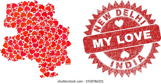 Vector mosaic New Delhi City map of love heart elements and grunge My Love badge. Collage geographic New Delhi City map designed with valentine hearts.
