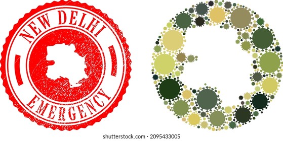Vector mosaic New Delhi City map of viral elements and grunge EMERGENCY seal stamp.