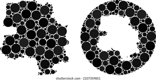 Vector mosaic New Delhi City map of round elements. Mosaic geographic New Delhi City map constructed as subtraction from round shape with spheric parts in black color hues.