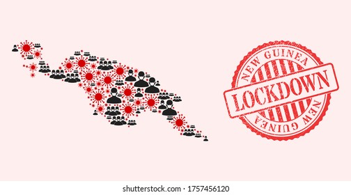 Vector mosaic New Guinea map of SARS virus, masked men and red grunge lockdown seal stamp. Virus cells and men in masks inside New Guinea map. Red seal with grunge rubber texture and LOCKDOWN word.