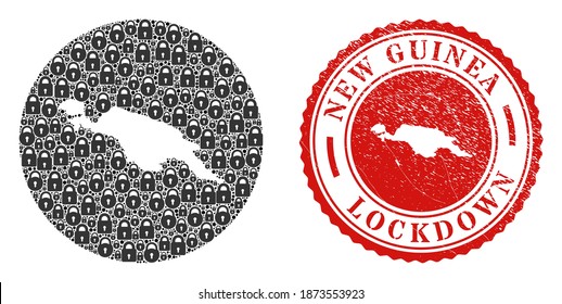 Vector mosaic New Guinea map of locks and grunge LOCKDOWN seal. Mosaic geographic New Guinea map designed as hole from circle with black locks. Red seal with grunge rubber texture and LOCKDOWN word.