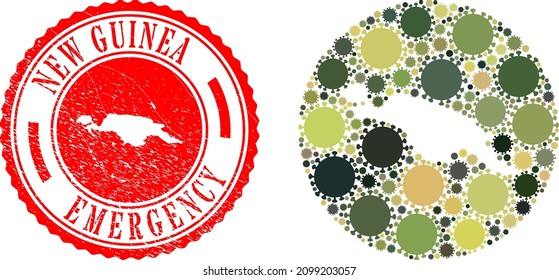 Vektor Mosaik Neuguinea Karte der viralen Symbole und Grunge-EMERNOCY-Siegel. Mosaik geographische Karte Neuguinea als Loch aus Kreis mit Grippevirus-Symbolen in khaki militärischen Farbtönen konstruiert.