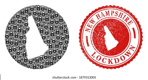 Mosaico vectorial New Hampshire State map de cerraduras y grunge LOCKDOWN stamp. Mapa geográfico mosaico del estado de New Hampshire creado como hueco de círculo con cerraduras negras.