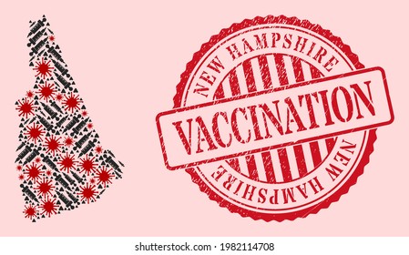 Vector mosaic New Hampshire State map of coronavirus, vaccination icons, and red grunge vaccination seal stamp. Virus items and vaccination items inside New Hampshire State map.