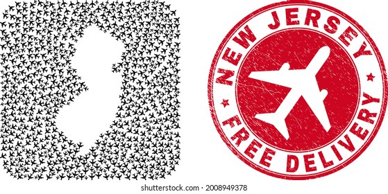 Vector mosaic New Jersey State map of air force elements and grunge Free Delivery seal stamp.