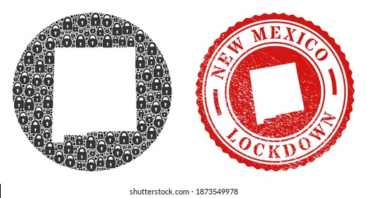 Vector mosaic New Mexico State map of locks and grunge LOCKDOWN seal stamp. Mosaic geographic New Mexico State map constructed as stencil from round shape with black locks.