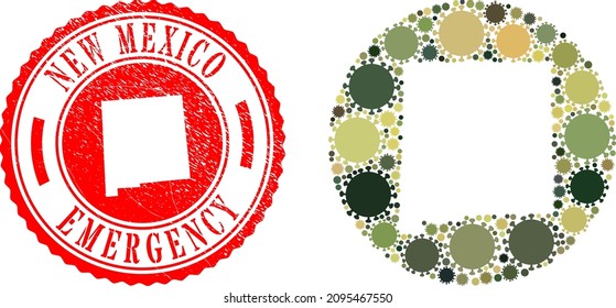 Vector mosaic New Mexico State map of flu virus items and grunge EMERGENCY seal stamp.