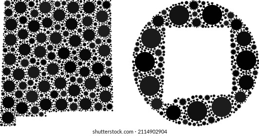 Vector mosaic New Mexico State map of sars virus items. Mosaic geographic New Mexico State map created as carved shape from round shape with covid virus icons in black color hues.