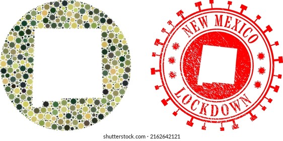 Vector mosaic New Mexico State map of flu virus items and grunge LOCKDOWN seal.