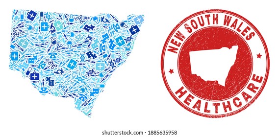 Vector mosaic New South Wales map of healthcare icons, receipt symbols, and grunge healthcare rubber imitation. Red round stamp with corroded rubber texture and New South Wales map word and map.