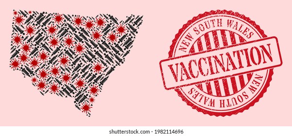 Vector mosaic New South Wales map of SARS virus, vaccine icons, and red grunge vaccination seal stamp. Virus elements and vaccine needles inside New South Wales map.