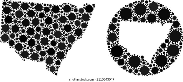 Vector mosaic New South Wales map of SARS virus elements. Mosaic geographic New South Wales map constructed as carved shape from round shape with virus outbreak items in black color hues.