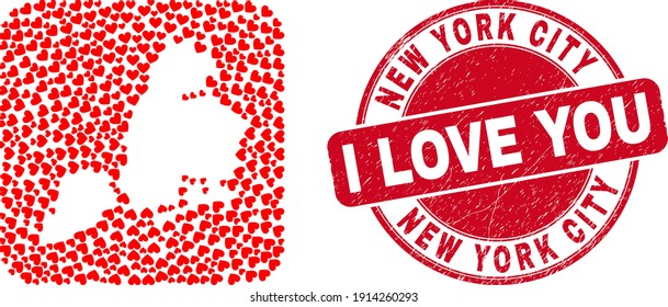 Vector mosaic New York City map of love heart elements and grunge love seal. Mosaic geographic New York City map designed as carved shape from rounded square shape with valentine hearts.