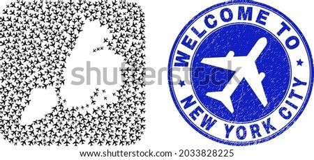Vector mosaic New York City map of airflight items and grunge Welcome badge. Mosaic geographic New York City map constructed as carved shape from rounded square using air flights.