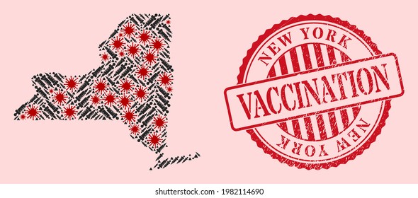 Mosaico vectorial en el mapa del estado de Nueva York del virus de la corona, íconos de vacunación y sello de vacunación de grunge rojo. Elementos de virus y partículas de vacunación dentro del mapa del estado de Nueva York.