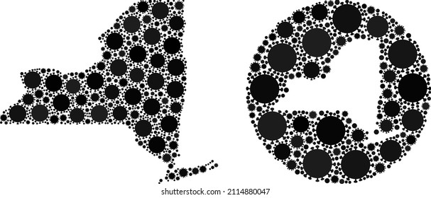 Vector mosaic New York State map of flu virus elements. Mosaic geographic New York State map created as carved shape from round shape with flu virus items in black color hues.