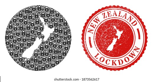 Vector mosaic New Zealand map of locks and grunge LOCKDOWN seal. Mosaic geographic New Zealand map designed as carved shape from round shape with black locks.