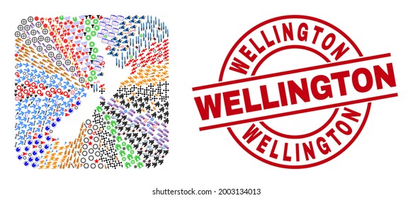 Vector mosaic New Zealand map of different icons and Wellington badge. Mosaic New Zealand map created as carved shape from rounded square shape. Red round watermark with Wellington word.
