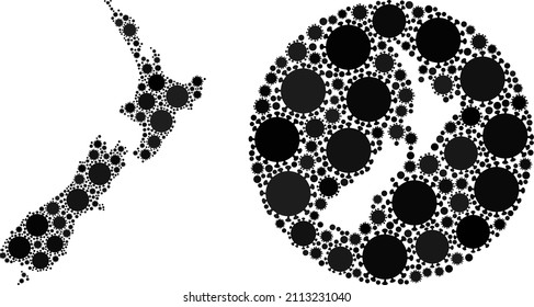 Mosaico vectorial de Nueva Zelanda mapa de iconos del virus sars. Mapa geográfico mosaico de Nueva Zelanda diseñado como esténcil de forma redondeada con iconos del virus SARS en colores negros. Abstracción con fines de brote.