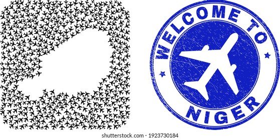 Vector mosaic Niger map of air vehicle elements and grunge Welcome stamp. Mosaic geographic Niger map constructed as subtraction from rounded square shape with air tourism elements.