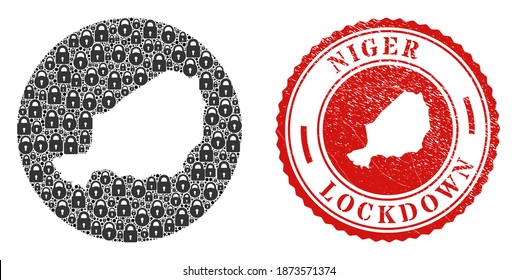 Vector mosaic Niger map of locks and grunge LOCKDOWN seal stamp. Mosaic geographic Niger map designed as stencil from round shape with black locks.