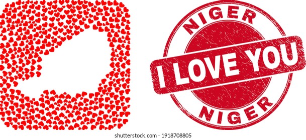 Vector mosaic Niger map of love heart items and grunge love seal stamp. Mosaic geographic Niger map created as carved shape from rounded square shape with lovely hearts.