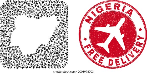 Vector mosaic Nigeria map of aircraft items and grunge Free Delivery badge. Collage geographic Nigeria map designed as hole from rounded square with departing air force symbols.