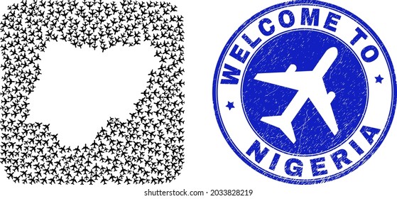 Vector mosaic Nigeria map of airflight elements and grunge Welcome badge. Mosaic geographic Nigeria map created as hole from rounded square shape with air planes.