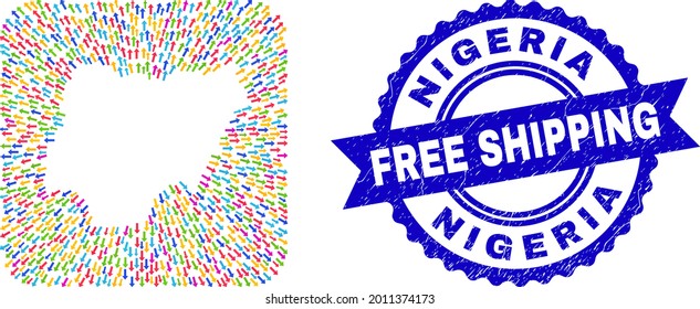Vector mosaic Nigeria map of arrows and scratched Free Shipping badge. Mosaic Nigeria map designed as stencil from rounded square shape with motion arrows.