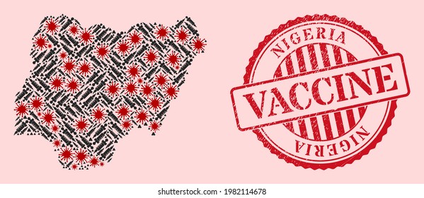 Vector mosaic Nigeria map of corona virus, vaccination icons, and red grunge vaccination stamp. Virus items and vaccine items inside Nigeria map.