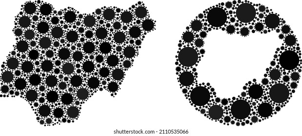 Vector mosaic Nigeria map of flu virus items. Mosaic geographic Nigeria map created as hole from circle with flu virus elements in black color hues. Template for isolation posters.
