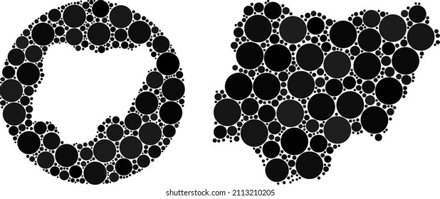 Vector mosaic Nigeria map of sphere parts. Mosaic geographic Nigeria map designed as hole from round shape with round parts in black colors. Pixel vector mosaic Nigeria map.