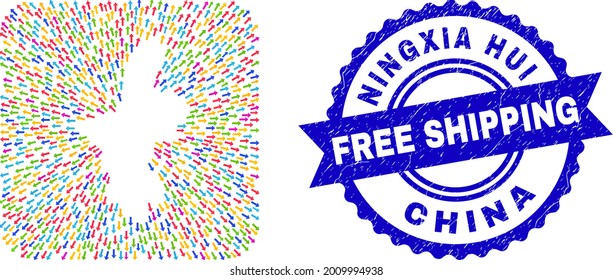 Vektor mosaic Ningxia Hui Region Karte von weg Pfeile und Gummi Free Shipping Badge. Mosaik Ningxia Hui Region Karte, konstruiert als Subtraktion von abgerundeter quadratischer Form mit Migrationspfeilen.