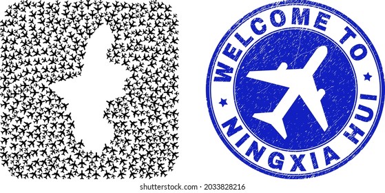 Vector mosaic Ningxia Hui Region map of jorney elements and grunge Welcome seal stamp. Mosaic geographic Ningxia Hui Region map created as subtraction from rounded square shape with airlines.