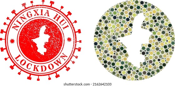 Vector mosaic Ningxia Hui Region map of viral icons and grunge LOCKDOWN seal. Mosaic geographic Ningxia Hui Region map designed as carved shape from round shape with viral icons in camo army colors.