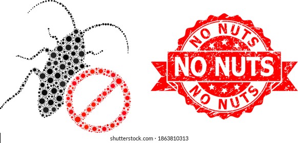 Vector mosaic no cockroach of covid-2019 virus, and No Nuts corroded ribbon seal print. Virus items inside no cockroach mosaic. Red seal has No Nuts caption inside ribbon.