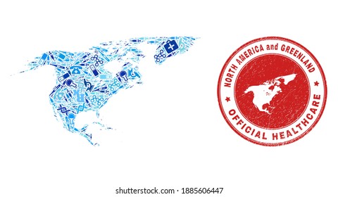 Vector mosaic North America and Greenland map with vaccination icons, test symbols, and grunge healthcare stamp.