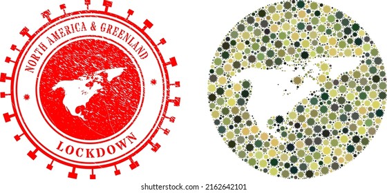 Vector mosaic North America and Greenland map of flu virus elements and grunge LOCKDOWN stamp.