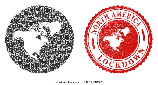 Vector mosaic North America map of locks and grunge LOCKDOWN seal stamp. Mosaic geographic North America map designed as carved shape from round shape with black locks.