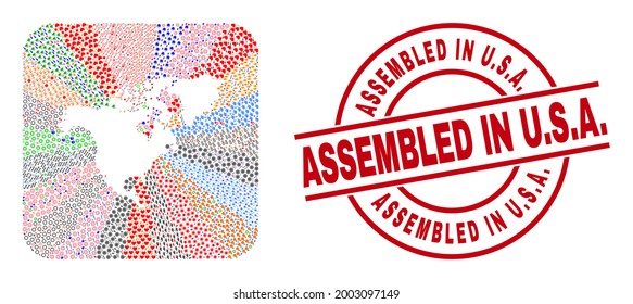 Vector mosaic North America map of different icons and Assembled in U.S.A. seal stamp. Mosaic North America map created as carved shape from rounded square. Red round stamp with Assembled in U.S.A.