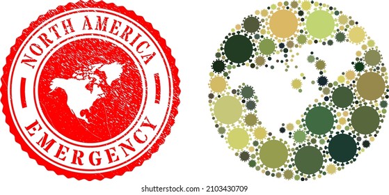 Mapa de mosaico vectorial de Norteamérica de objetos cóvidos y sello de sello de EMERGENCIA grunge. Mapa geográfico musulmán de América del Norte creado como un esténcil de círculo con ítems del virus cómodos en tonos caqui de color militar.