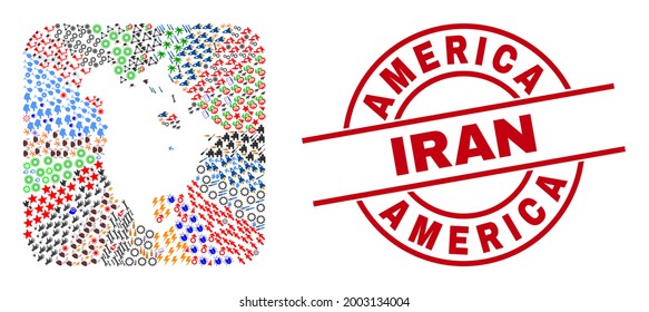 Vektor Mosaik Nordamerika v2 Karte von verschiedenen Symbolen und Amerika Iran Siegel. Mosaik North America v2 Karte als Loch aus abgerundetem Quadrat erstellt. Rotes rundes Siegel mit Amerika Iran-Anhänger.