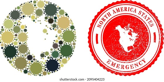 Vector mosaic North America v2 map of covid-2019 icons and grunge EMERGENCY seal stamp.